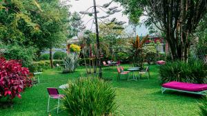a garden with pink chairs and tables and chairs at Room in Guest room - Isange Paradise Resort in Ruhengeri