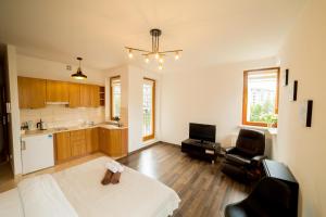 ein Wohnzimmer mit einem Bett und eine Küche in der Unterkunft Modern Relax Apartments in Warschau