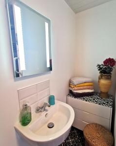 uma casa de banho com um lavatório e um espelho em The Annex em Cemaes Bay