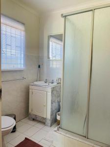 a bathroom with a shower and a sink and a toilet at The M-Pire Cottage in Bloemfontein