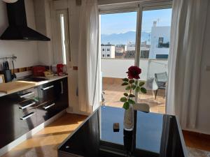 a kitchen with a vase with a flower on a table at Ático de Laura in Armilla