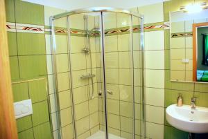 La salle de bains est pourvue d'une douche et d'un lavabo. dans l'établissement Vinařství Pastorek, à Čejkovice