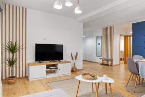 a living room with a flat screen tv on a cabinet at Herman Park View Cozy Apartment 1 in Bucharest