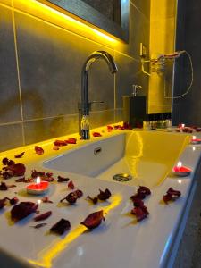 a bathroom sink with fallen autumn leaves on it at Zirve Suit Residance in Talas