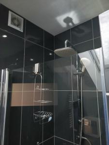 a bathroom with a shower with black tile walls at Apartament Pod Bukami in Łaziska Górne