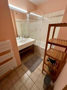a bathroom with a sink and a shower and a mirror at Le 150 appartement au centre in Les Rousses