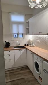 uma cozinha com um lavatório e uma máquina de lavar roupa em Dunant Studio em Atenas