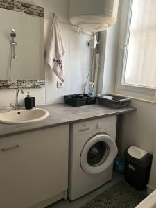 a bathroom with a washing machine and a sink at Superbe appartement avec parking gratuit in Vaulx-en-Velin