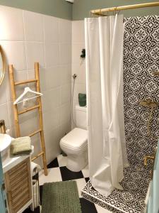 een badkamer met een toilet en een douchegordijn bij Apartman Minty in Subotica