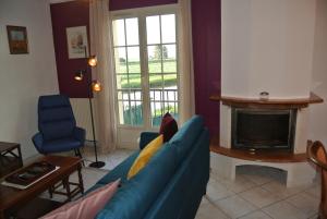 a living room with a blue couch and a fireplace at Gîte Les Chênes in Villeneuve-les-Sablons