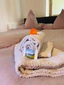 a pile of towels sitting on top of a bed at Bergsteigerzimmer Doktorberg in Berchtesgaden