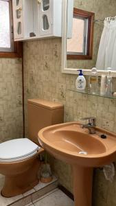 a bathroom with a toilet and a sink at Cygnus Hostel in Valdivia