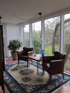 ein Wohnzimmer mit einem Tisch, Stühlen und Fenstern in der Unterkunft Ferienwohnung Erlkron in Schiedenhohlweg