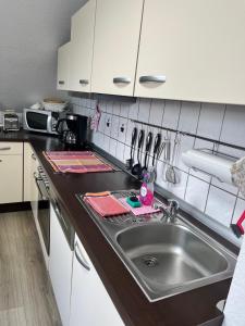 a kitchen with a sink and a counter top at Ferienwohnungen Wotan in Thale