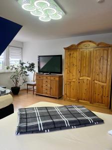 a bedroom with a flat screen tv and wooden cabinets at Ferienwohnungen Wotan in Thale