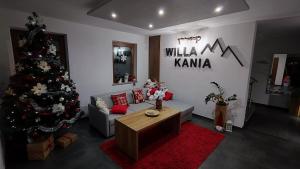 ein Wohnzimmer mit einem Weihnachtsbaum und einer Couch in der Unterkunft Willa Kania in Szczawnica