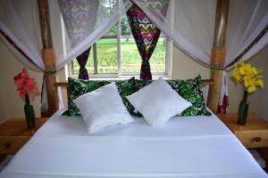 ein Bett mit zwei Kissen und ein Fenster mit Blumen in der Unterkunft Kilimanjaro Accommodation in Msaranga