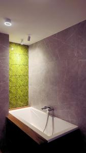 舊松奇的住宿－Chwile w Starym Sączu, sauna i beczka，带浴缸的浴室和绿色的墙壁