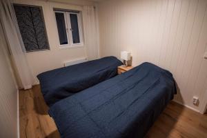 two beds in a room with blue sheets and a window at Sea view Holmestrand sauna and hot tube appartment in Holmestrand