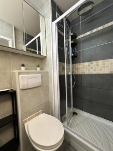 a bathroom with a toilet and a glass shower at Studio vue port, parking privé, terrasse, clim in Le Grau-du-Roi