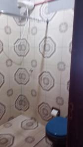 y baño con cortina de ducha y aseo. en Alvar Nuñez en Puerto Iguazú