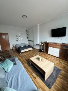 a living room with two beds and a tv at Gdynia Pokoje Blisko Morza i Centrum in Gdynia