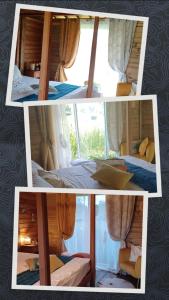 un collage de quatre photos d'un lit et d'une fenêtre dans l'établissement Country Lodge La Pléiade, à Sainte-Anne
