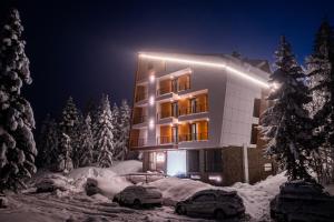two cars parked in the snow in front of a building at Forest Villa in Goderdzi