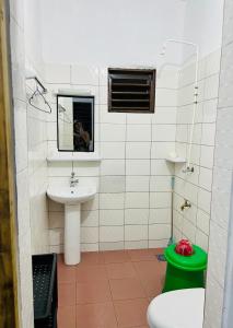 La salle de bains est pourvue d'un lavabo, de toilettes et d'un miroir. dans l'établissement Amistad, à Ouidah
