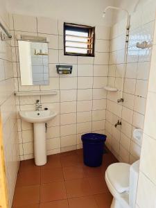 La salle de bains est pourvue d'un lavabo, d'un miroir et de toilettes. dans l'établissement Amistad, à Ouidah