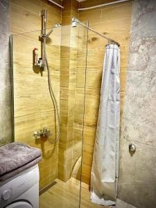 a shower with a shower curtain in a bathroom at Apartman BRONX Prijedor in Prijedor