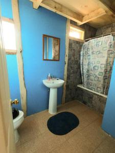 La salle de bains bleue est pourvue d'un lavabo et de toilettes. dans l'établissement La madriguera de Yuyito en Conguillio, à Melipeuco