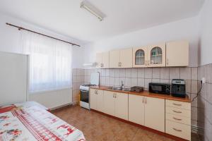 uma cozinha com armários brancos e um lavatório em Cabana Rus-Beliș em Dealu Negru