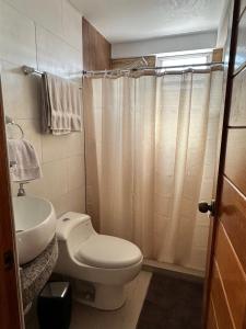 Calca的住宿－Sacred Valley House，浴室配有卫生间、盥洗盆和淋浴。