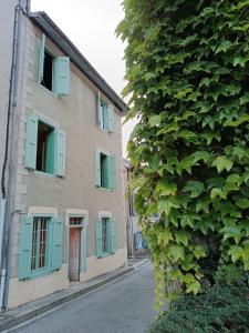 un edificio con persianas verdes en una calle en Gîte Groupe La Farigoule à Siguer, en Siguer