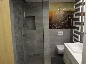 a bathroom with a shower with a toilet and a sink at Apartament Nowy Sącz in Nowy Sącz