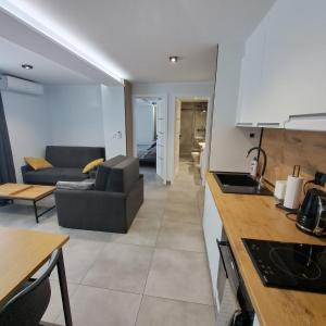 a kitchen and living room with a couch and a table at Apartament Wiktoria in Kluszkowce
