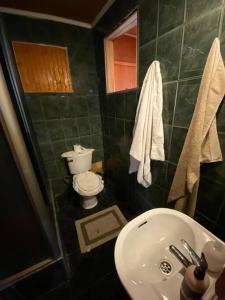 a green tiled bathroom with a toilet and a sink at Casa a pasos de Metro Conchalí in Santiago