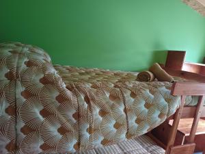 a bed in a bedroom with a green wall at Casa para 4 personas in San Carlos de Bariloche