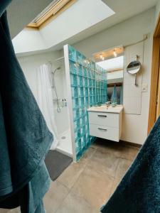 a bathroom with a shower and a sink at Duplex + parking gratuit facile in Sainte-Suzanne