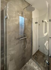 a shower with a glass door in a bathroom at Haus Meerten in Neroth