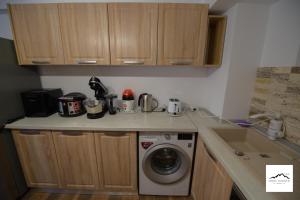 a kitchen with a washing machine and a sink at Padina Lodge in Moroeni +6 photos