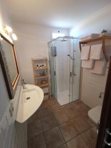 uma casa de banho com um chuveiro e um lavatório. em Apartamento La Condesa em Orzola