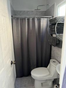 a bathroom with a toilet and a shower curtain at Cozy Home in San Miguel