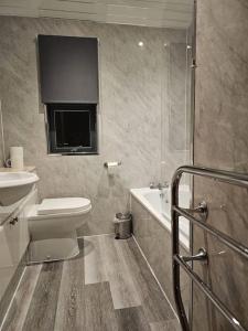 W łazience znajduje się toaleta, umywalka i prysznic. w obiekcie The Crannog on Loch Tay w mieście Morenish