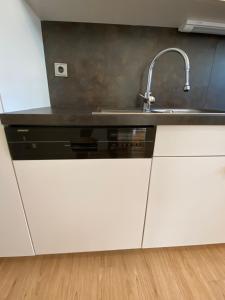 a kitchen with white cabinets and a sink at Alpenwohnungen Ruprecht Montafon in Schruns