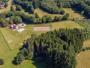 einen Blick über ein Feld mit einem Haus und Bäumen in der Unterkunft Villa Le Chant des Sapins - Tennis, Pool, Golf in Le Saulcy