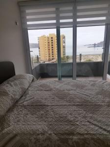 a bedroom with a bed and a view of the beach at Departamento Frente al Mar in Coquimbo