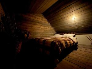 a bed in a room with a wooden wall at Tiny Barn House in Chişinău