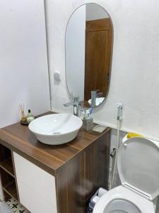 a bathroom with a sink and a toilet with a mirror at Villa Mamath 